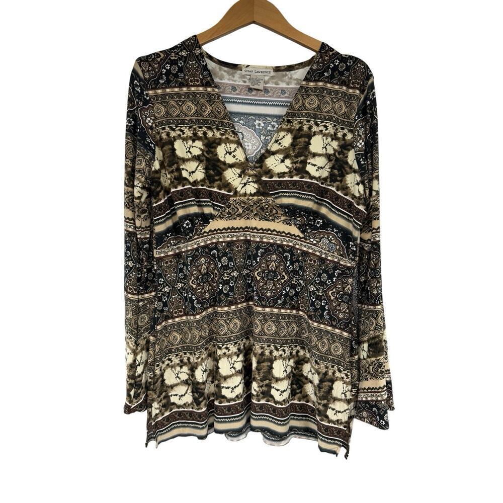 Susan Lawrence Babydoll Style Belle Sleeve Patterned Top Womens Large